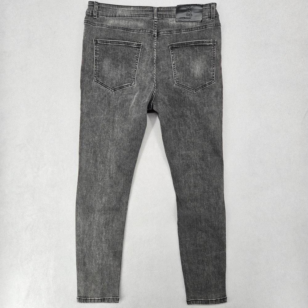GJ Denim Collection Mens 36 Slim Fit Jeans Grey Acid Wash Biker Moto Seam Detail